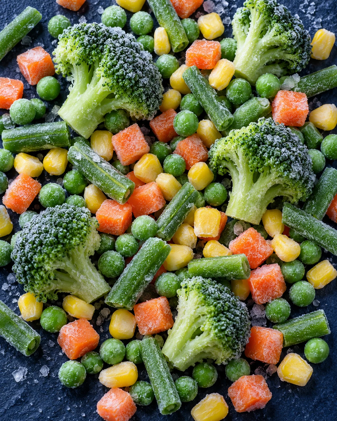 Frozen broccoli, peas, carrots, sweetcorn and green beans — illustrative generated product image