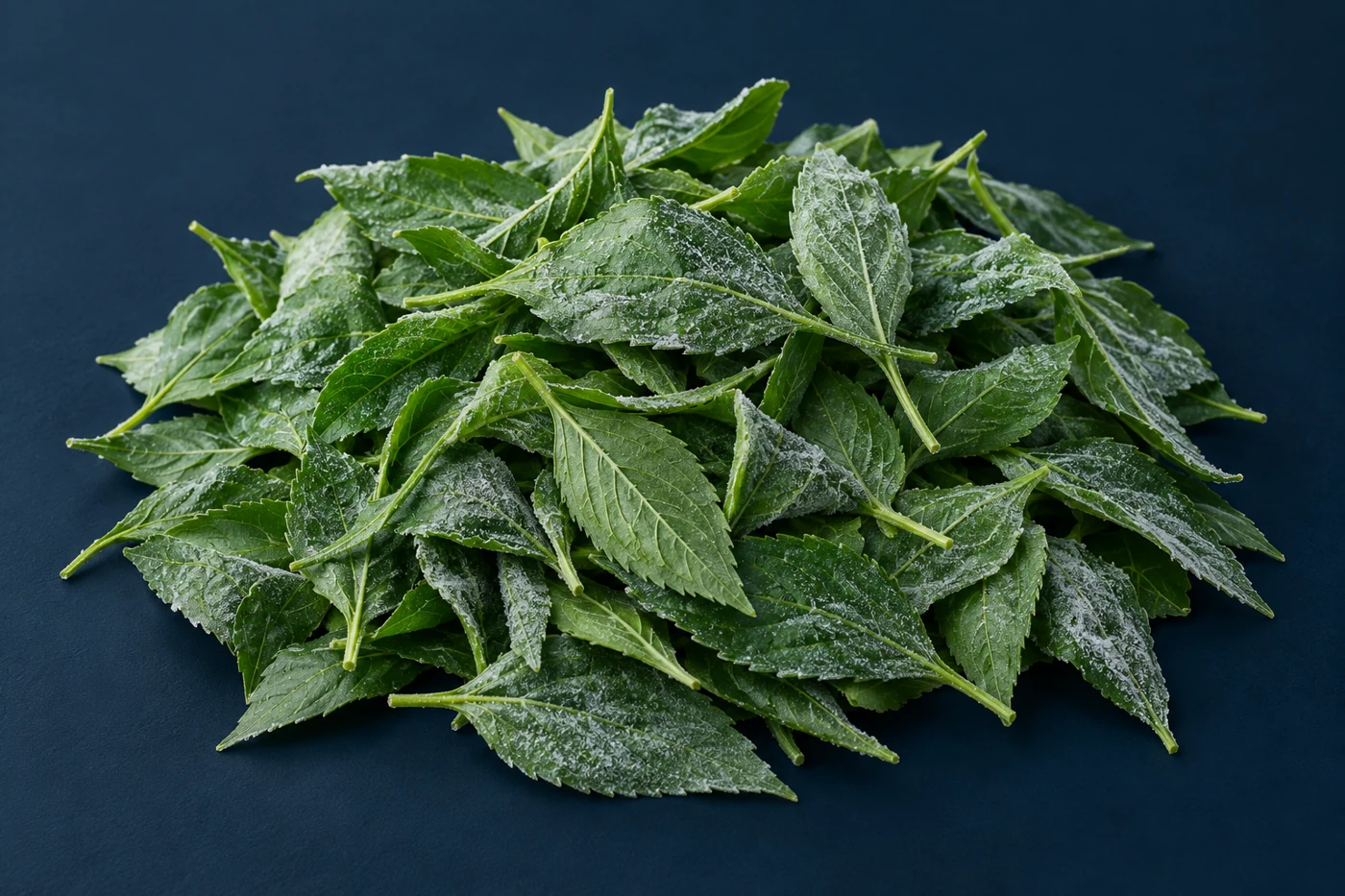 Frozen Molokhia shown as loose whole leaves — illustrative image