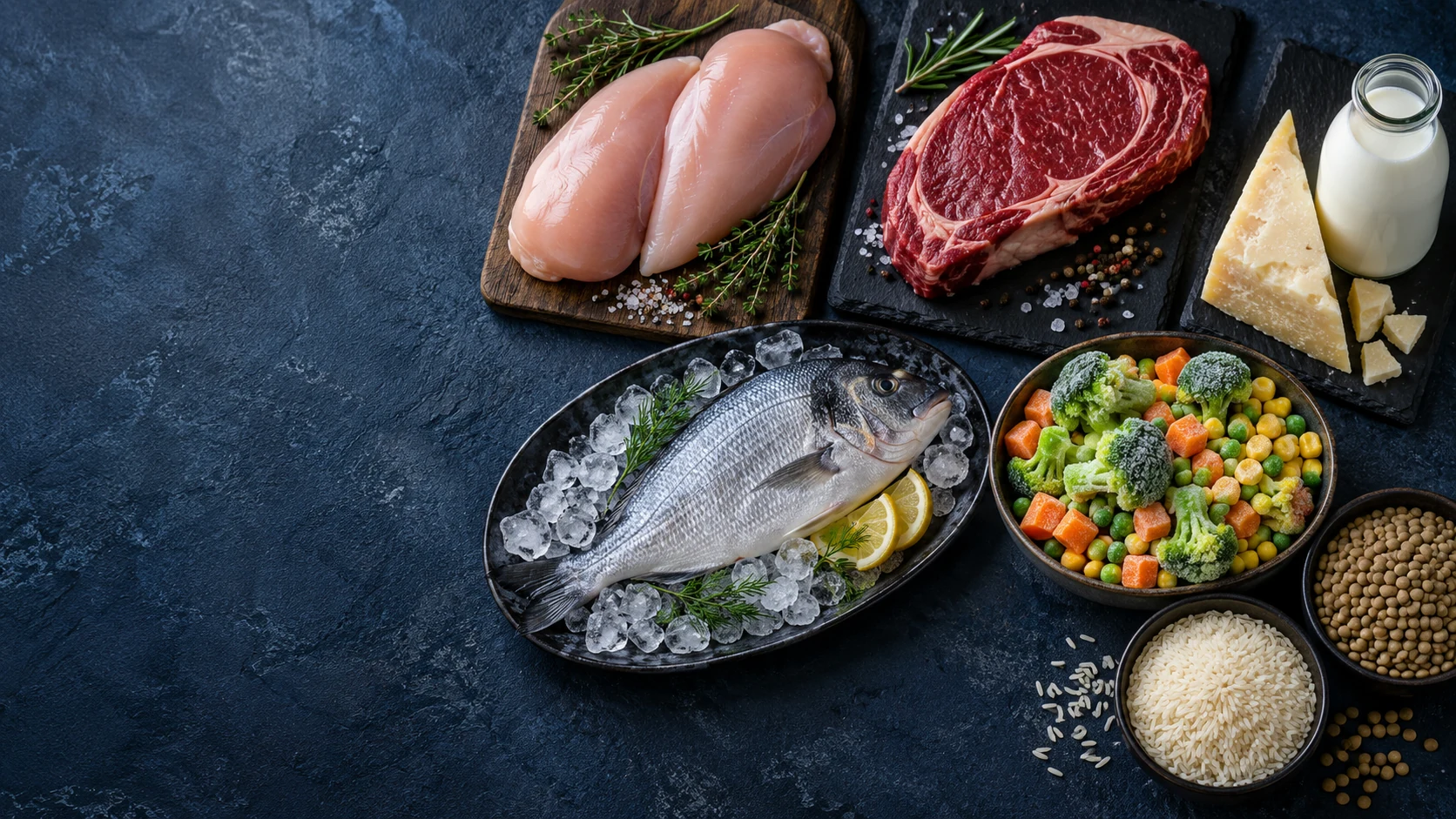 Six food product categories — illustrative generated food photograph