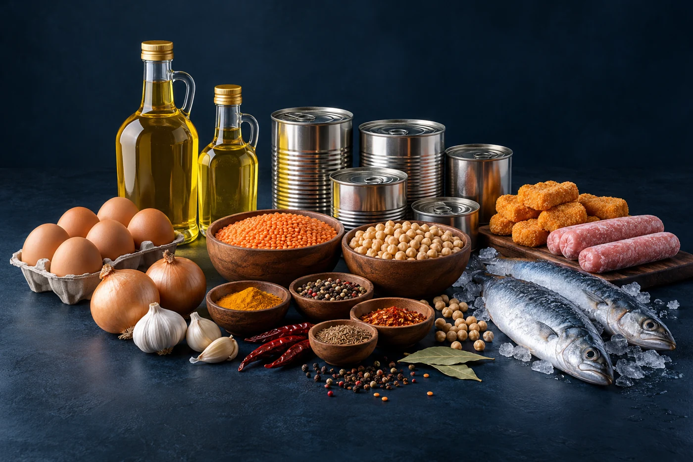 Food essentials: oils, pulses, eggs, canned foods and spices — illustrative product image